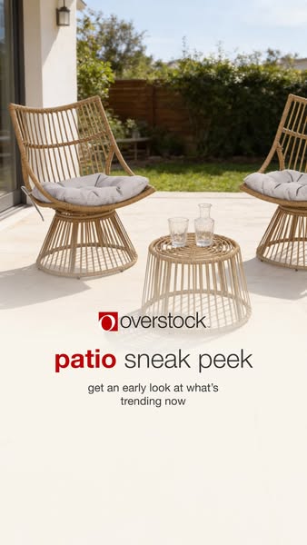 The ad shows outdoor patio furniture by Overstock. The shot is a daytime shot of two chairs and a small table set on a p