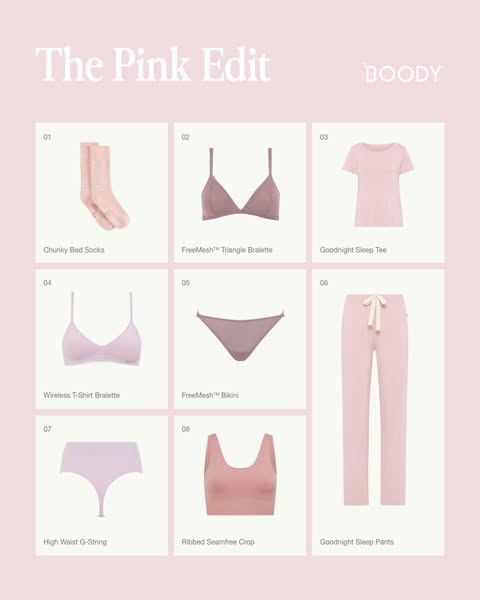 This product grid ad showcases a collection of pink loungewear and intimates by Boody, highlighting various styles from 