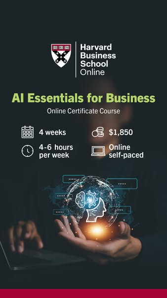 This image ad promotes the AI Essentials for Business online certificate course from Harvard Business School Online. It 