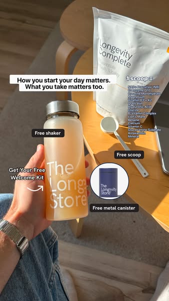 This ad highlights the Longevity Store's Longevity Complete supplement and an offer for a free welcome kit. The ad u