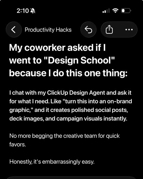 This ad uses a social media post screenshot of a person telling a story of how ClickUp has helped them solve design task