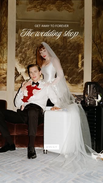 This image ad for Away promotes their luggage as the perfect choice for honeymoons and wedding-related travel.