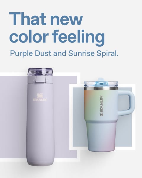 This ad features two Stanley water bottles in a product showcase style, highlighting the new colors available. The ad us