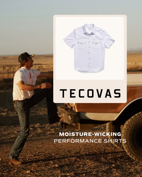 This ad shows a man wearing a Tecovas shirt while resting on a truck outdoors. A white button-down shirt is displayed ne