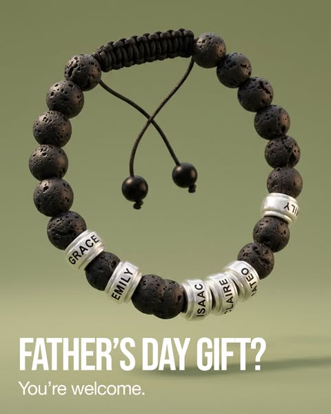 This ad features a personalized black lava bead bracelet with silver name beads to promote a Father's Day gift idea.
