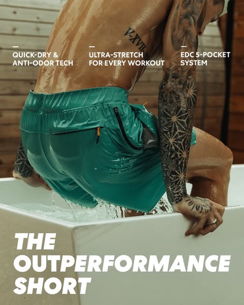This ad promotes the Outperformance Short, highlighting its quick-dry, anti-odor, ultra-stretch, and 5-pocket system fea