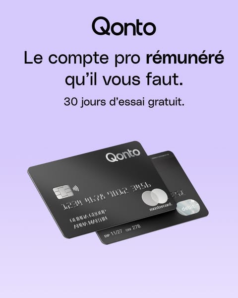 This ad for Qonto promotes a professional account with a free 30-day trial. The ad features two Qonto debit cards agains