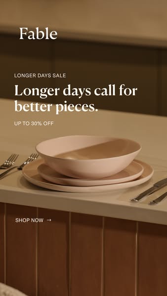 This image ad from Fable promotes their dinnerware and offers a sale of up to 30% off.