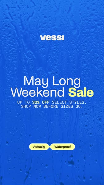 This image ad by Vessi promotes the May Long Weekend Sale, advertising up to 30% off select styles and encouraging shopp