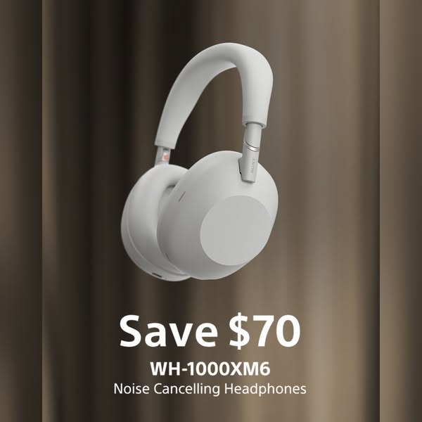 This ad features a pair of noise-canceling headphones with an offer to save $70.