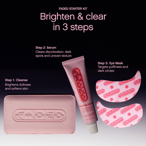 This image ad is for Faded Starter Kit. It shows the three products included, along with the steps to use them. These st