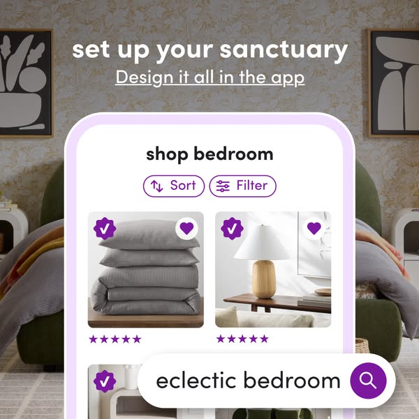 This ad shows an app interface that allows users to shop for bedroom decor.
