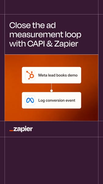 This ad promotes Zapier and CAPI for improving ad measurement. It uses a visual diagram with a flow to help visualize ho