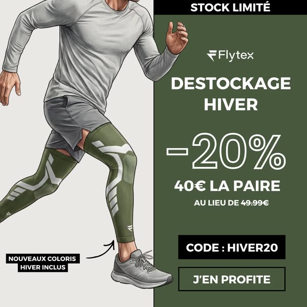 This is a promotional image ad by Flytex, highlighting their winter sale of running leg sleeves. The ad features a runne