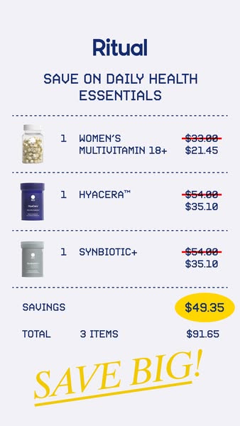 This ad shows a list of discounted Ritual products, including the Women's Multivitamin 18+, Hyacera, and Synbiotic+,