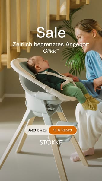 This ad promotes the Stokke Clikk high chair, highlighting its availability at a discounted price for a limited time. Th