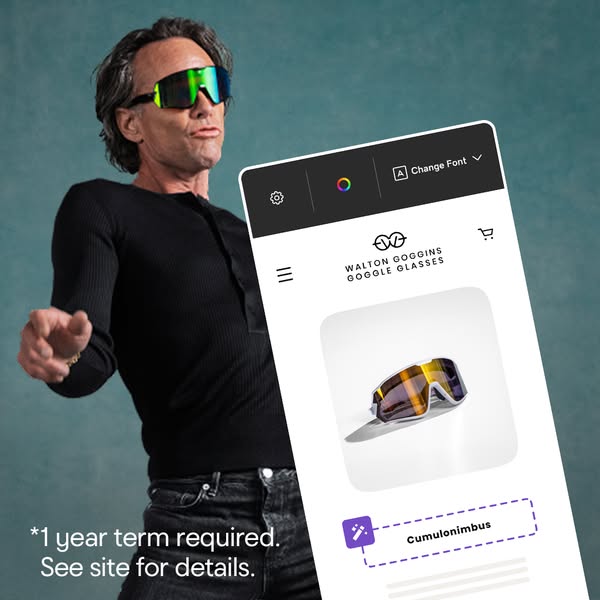 This ad features a celebrity wearing Walton Goggins Goggle Glasses. The ad shows a mockup of the brand's website, wh