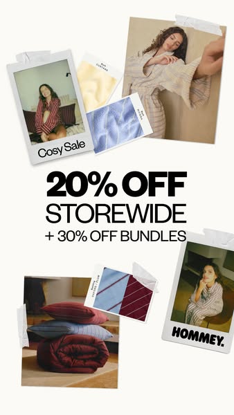 This image ad for Hommey features a collage-style layout with images of bedding and loungewear, promoting a 20% off stor
