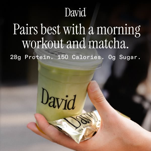This image ad features a protein beverage and bar from David, paired with the text "Pairs best with a morning worko