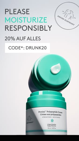 This image ad promotes Drunk Elephant's Protini Polypeptide Cream, highlighting a 20% discount with a code and empha