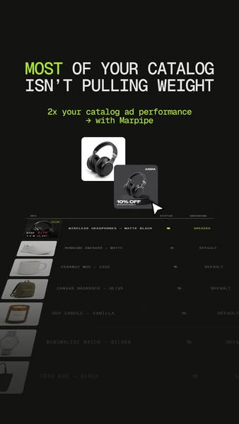 This ad promotes Marpipe, a tool for improving catalog ad performance. The visual features a dashboard showcasing variou