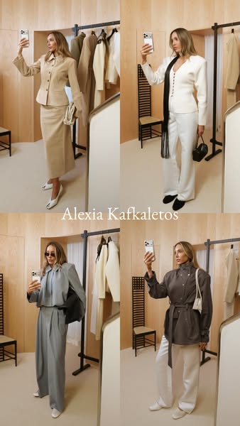 This ad features a woman taking selfies in four different business casual outfits from Alexia Kafelatos.