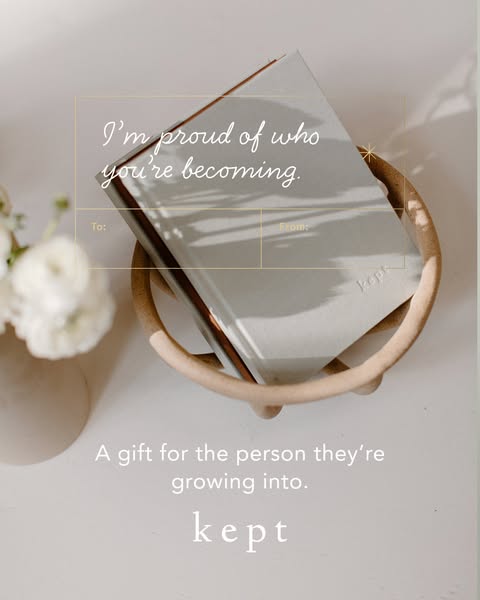 This ad features a journal from Kept, positioned in a wooden dish, with a message about being proud of who the recipient