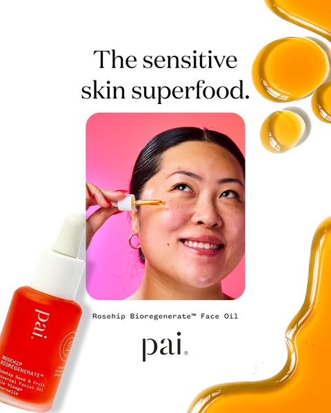 This ad features Pai's Rosehip Bioregenerate Face Oil, highlighting its suitability for sensitive skin. The ad shows