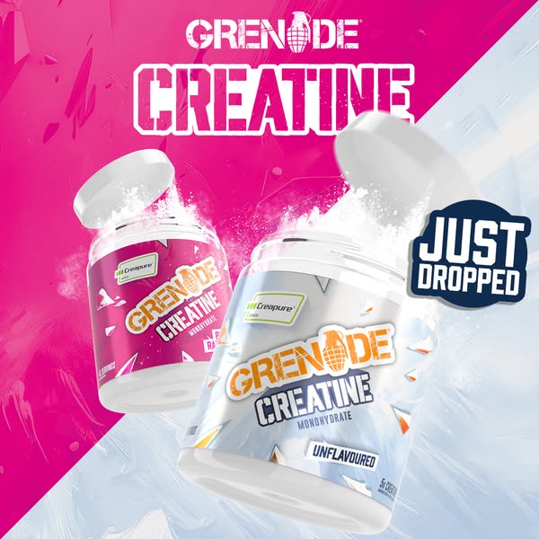This ad showcases Grenade Creatine Monohydrate powder. Two containers are featured in the image: One is white and blue a