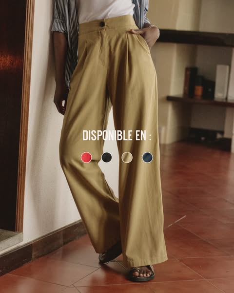 This ad showcases women's pants and emphasizes the availability in different colors.