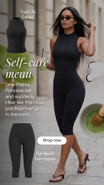 An image ad for a matching pilates set with capri leggings, also promoting a workout top. The ad copy describes the feel