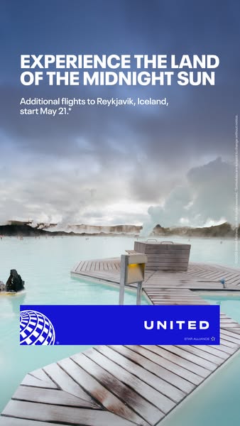 This ad promotes United Airlines, specifically highlighting additional flights to Reykjavik, Iceland, starting May 21. T