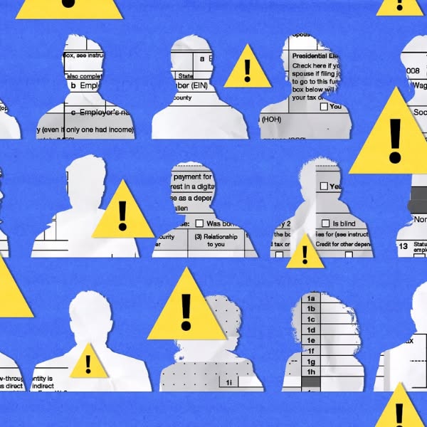This ad uses a collage of torn paper tax forms with silhouettes of people and yellow warning signs to convey the complex