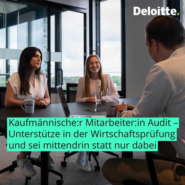 This image ad for Deloitte promotes job openings for accounting staff. The ad features three people sitting around a tab
