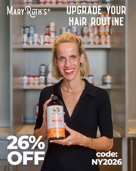 This image ad for Mary Ruth's promotes their liquid hair multivitamin with a 26% off discount using code NY2026. The