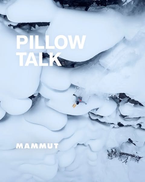 This image ad for Mammut features a skier in mid-air, set against a backdrop of snow-covered terrain. The ad uses the he