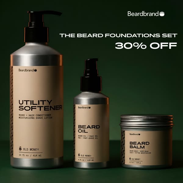 This image ad showcases Beardbrand's Beard Foundations Set, highlighting the Utility Softener, Beard Oil, and Beard 