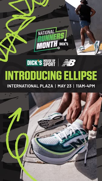 This image ad by Dick's House of Sport and New Balance promotes National Runners Month and the new Ellipse shoe. An