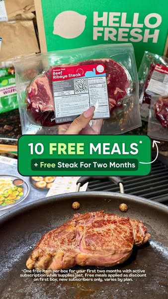 This image ad promotes Hello Fresh, a meal kit delivery service, by showcasing a steak meal and offering a promotion of 
