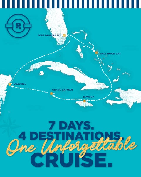 This image ad uses a map of the Caribbean to promote a 7-day cruise to 4 destinations: Fort Lauderdale, Half Moon Cay, C