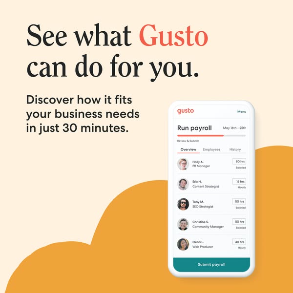 Image ad for Gusto showing a screenshot of the Gusto app and its features while highlighting the claim that Gusto can fi