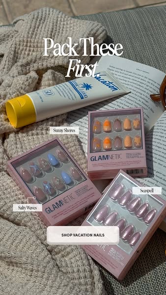 This image ad by Glamnetic promotes vacation nails. The image features three different nail styles in their packaging al