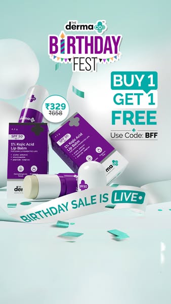 This ad showcases The Derma Co's SPF 50 1% Kojic Acid Lip Balm while promoting a limited-time "Buy 1 Get 1 Free