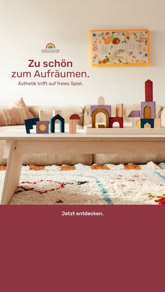 This ad promotes Grimms' wooden blocks, emphasizing their aesthetic appeal and ability to inspire free play. The ad 