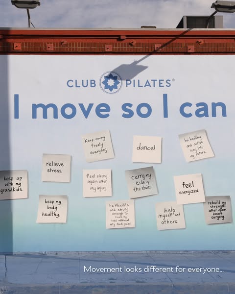 This ad for Club Pilates features a creative outdoor display of hand-written notes listing reasons why people move, emph