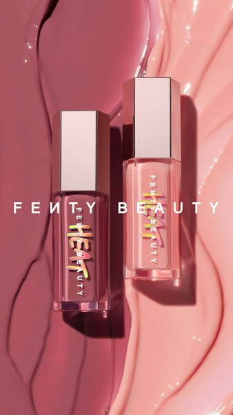 This image ad showcases two Fenty Beauty Heat lip glosses in different shades, set against a glossy, monochromatic backd