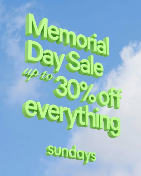 A cloudscape image promotes a Sundays brand Memorial Day Sale with a discount of up to 30% off everything.