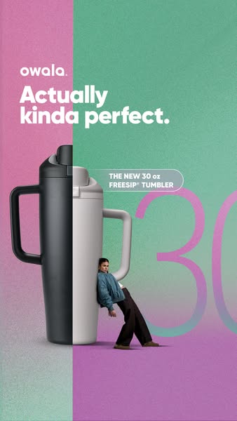 This ad showcases the Owala FreeSip tumbler by showcasing the size of the 30oz tumbler. There is a women leaning against