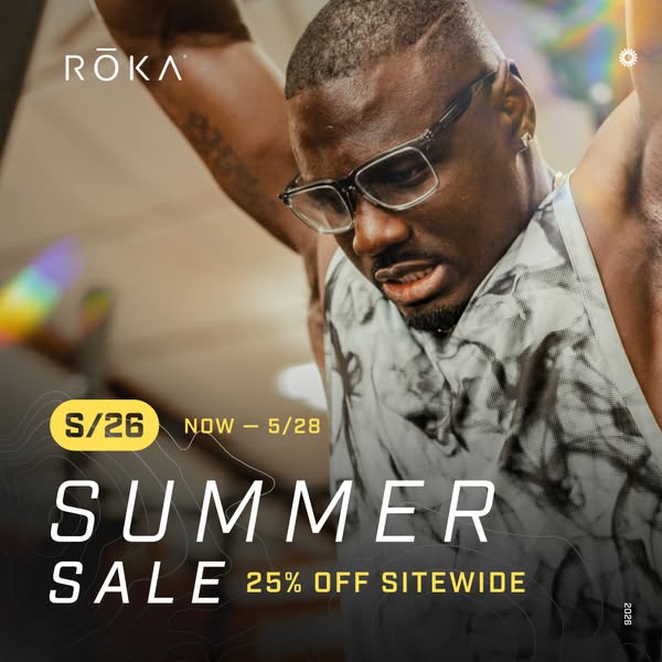 This ad for Roka eyewear features a man with clear frame glasses and a grey and white shirt with a promotion for a summe
