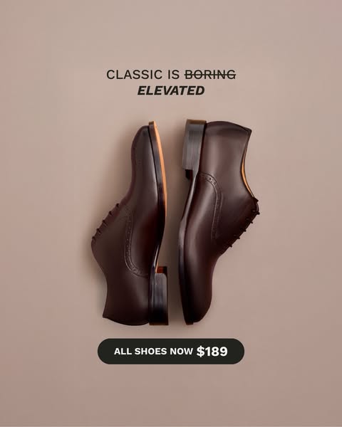 This image ad showcases a pair of brown leather dress shoes, emphasizing a modern and elevated take on classic style. Th